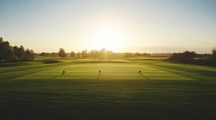 A serene outdoor golf driving range with well-maintained grass and neatly arranged practice tees, surrounded by open fields and a clear sky, early morning light creating a tranquil ambiance