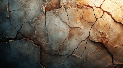 Fototapeta premium The texture of cracked clay emerges with rich brown, beige, and gray tones, where light highlights edges and shadows enhance deep, intricate patterns across the surface. Generative AI