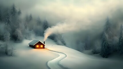 Fototapeta premium Cozy log cabin nestled in a snowy winter forest with a plume of smoke rising from the chimney and a warm glow emanating from the windows creating a magical and picturesque landscape