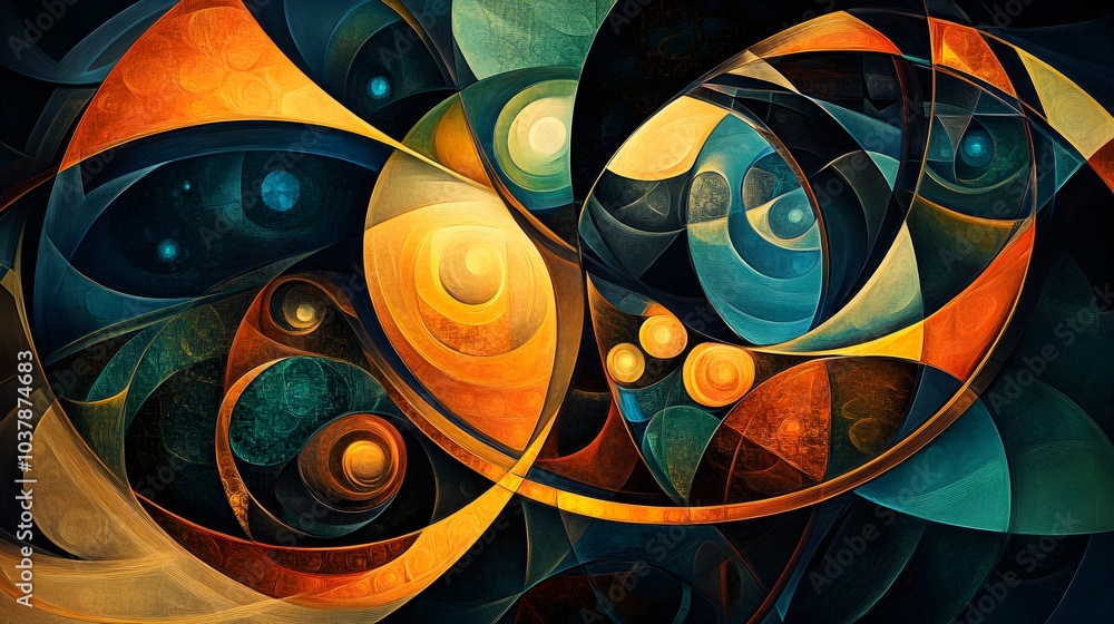 Poster abstract geometric pattern with curved lines and circles in warm colors