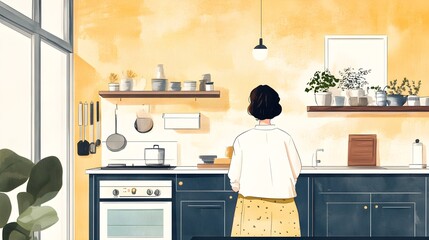 Fototapeta premium Woman Standing in Modern Kitchen with Yellow Walls