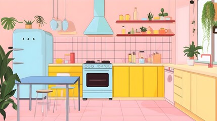 Modern Kitchen Interior Design with Pastel Pink and Yellow Colors