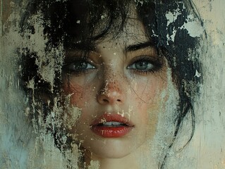 Woman's Face Behind a Distressed Glass
