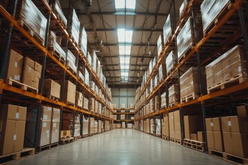 Fototapeta premium A large warehouse with many boxes on the shelves