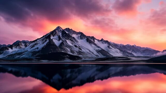 timelapse majestic nature landscape of sunset at snow cap mountain and lake 