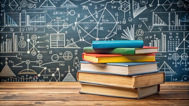 A stack of science textbooks lies next to diagrams and equations on the blackboard, serving as vital educational
