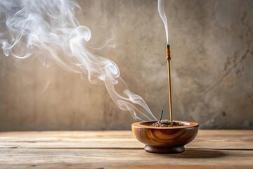 Asymmetrical copal incense stick burning in wood incense burner with natural light against white wall in Tulum
