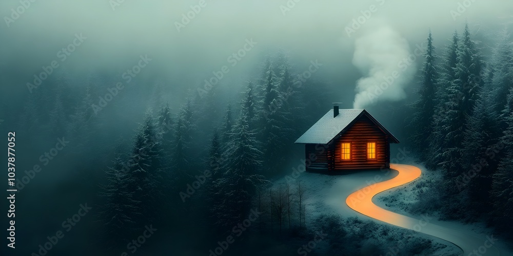 Poster serene snowy forest path winding towards a charming log cabin nestled among the tall trees with wisp
