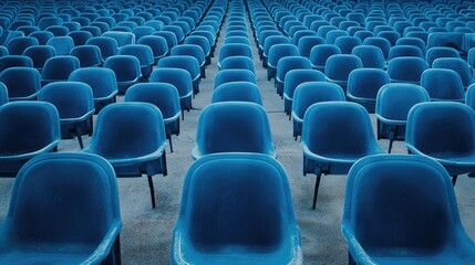 Naklejka premium Rows of Blue Plastic Chairs in Empty Space