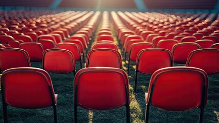 Fototapeta premium Empty Red Chairs in an Outdoor Stadium Setting
