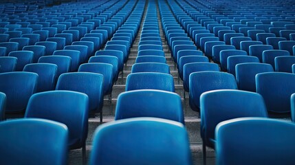 Obraz premium Rzędy pustych niebieskich krzeseł w dużym miejscu