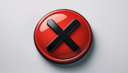 red button with a black cross symbol centered on a clean white background, representing cancellation or error in a sleek, minimalist design