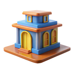 Vibrant 3D isometric illustration of a small building with a playful color scheme, suitable for cartoon-style designs.