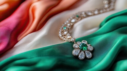 Fototapeta premium Elegant Necklace on Silk Fabric Background