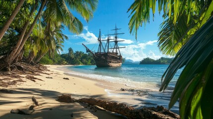 Fototapeta premium Pirate Paradise: Sun-Drenched Tropical Beach with Palm Trees and Weathered Ship in Turquoise Waters