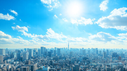 Obraz premium Aerial View of a Modern City Skyline Under a Clear Blue Sky