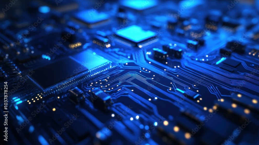 Poster close-up view of a blue circuit board with microchips and electronic components.