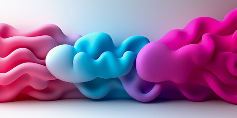 Colorful abstract cloud, wavy shapes in 3D design. Flowing, wavy shapes in bright shades of pink, blue, and purple against a light background.