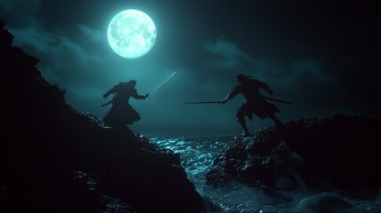 Epic Pirate Duel at Moonlit Cliff with Clashing Swords and Crashing Waves - Ultra-Detailed Adventure on High Seas