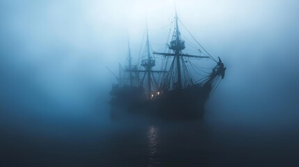 Fototapeta premium Enigmatic Fog Enveloping Pirate Ship with Ghostly Island Backdrop, Mysterious Figures and Flickering Lanterns on Deck