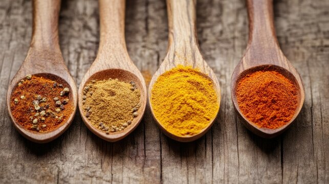 Vibrant Spices on Wooden Spoons