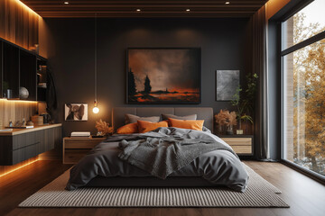 Modern and elegant Scandinavian bedroom with dark walls, grey and orange bedding for fall / autumn