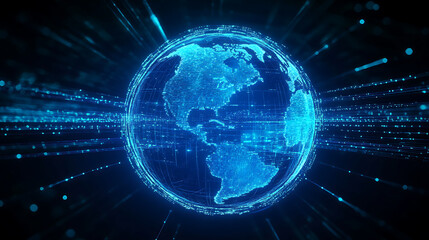 Obraz premium Bright blue globe hologram and lines on blurred dark background. Metaverse, digital world and network concept. created with Generative AI technology