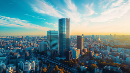 Obraz premium Aerial View of a Modern City Skyline Under a Clear Blue Sky
