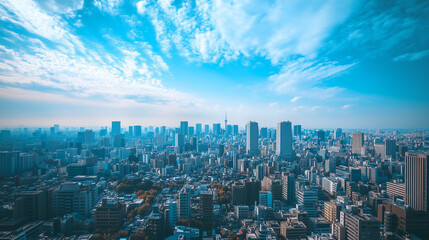 Fototapeta premium Aerial View of a Modern City Skyline Under a Clear Blue Sky