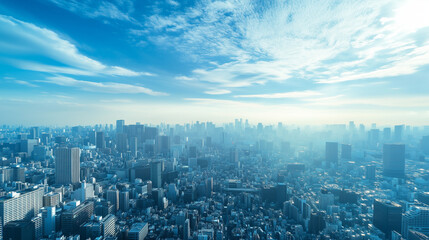 Aerial View of a Modern City Skyline Under a Clear Blue Sky