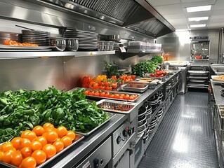 design of a professional kitchen space, showcasing modern metal tables and equipment for catering, emphasizing functionality, efficiency, and culinary creativity