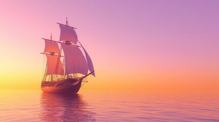 Obraz premium Majestic Pirate Ship Sailing at Dusk with Radiant Sunset Glow on the Ocean - Ultra-Detailed Nautical Scene