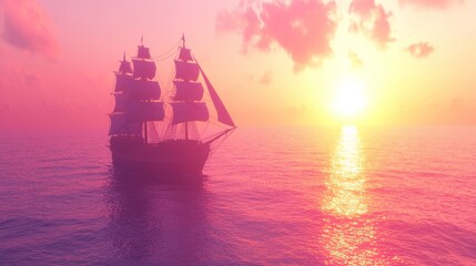 Fototapeta premium Majestic Pirate Ship Sailing at Dusk with Glowing Sails and Vibrant Ocean Reflections in Ultra-Detailed Shot