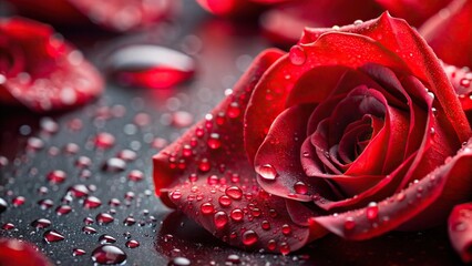 Close-up of red rose petals with water drops