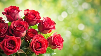 Naklejka premium Close-up of red roses bouquet on abstract green background