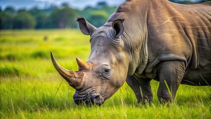 Fototapeta premium Close-up of Rhino grazing on grass in African wilderness
