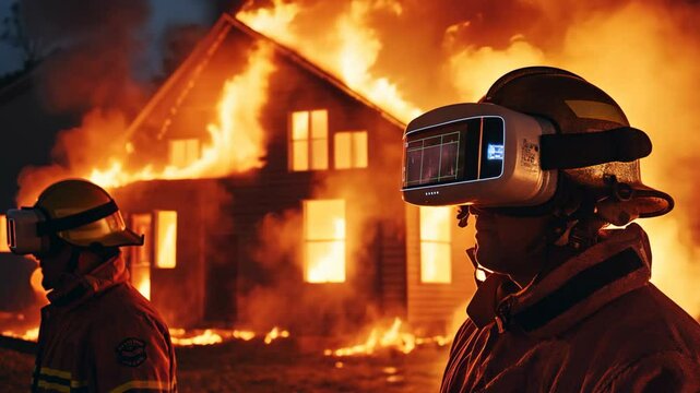  futuristic firefighter wearing VR glasses headset with burning house in flame as background, Ai stimulation training program