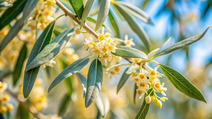 Fototapeta premium Close-up of Russian olive tree branch with flowers in soft focus