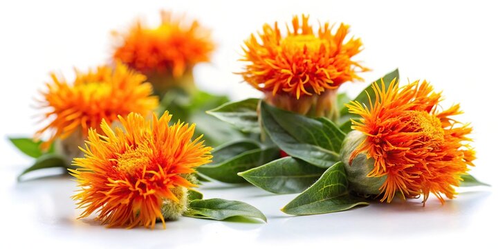 Close-up of safflower flowers on white background from tilted angle