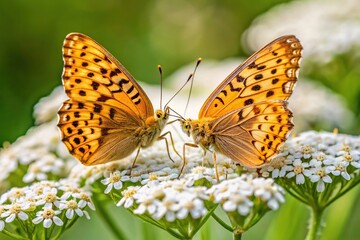 Close-up of silver washed fritillary butterflies mating on yarrow flowers in the garden