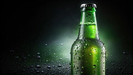 Close-up of single green beer bottle with water drops against black background