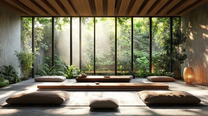 Fototapeta premium Serene Minimalist Zen Room with Large Windows Overlooking Lush Greenery and Soft Sunlight Streaming Through