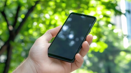 Smartphone in Nature: Hand holding a sleek smartphone outdoors, surrounded by lush green foliage.  A tranquil scene blending technology and nature. 