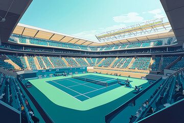 A vibrant tennis stadium with empty seats, ready for a match under a clear sky.