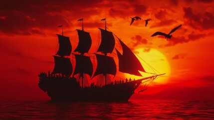 Obraz premium Majestic Pirate Ship Silhouetted Against Fiery Sunset with Billowing Sails, Buccaneer Crew, and Seagulls Soaring - Ultra-Detailed Nautical Scene