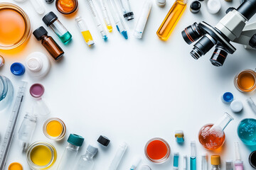 Microscope, flasks, test tubes and various reagents on a laboratory table background, top view...