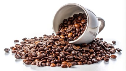 Fototapeta premium Close-up of spilled coffee beans from a cup on white background