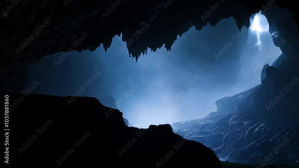 Poster a view of a lightning storm from inside a cave.