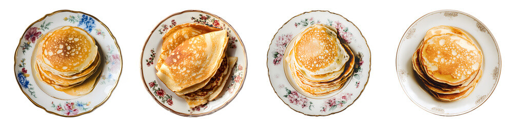 Pancakes in interior bowl isolated on a transparent PNG background, white background , cut out, clipping path, Generative Ai