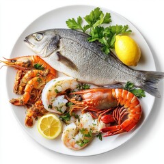 A plate of fresh seafood delicacies, featuring a whole fish, succulent shrimp, and a crab, meticulously arranged on a white plate